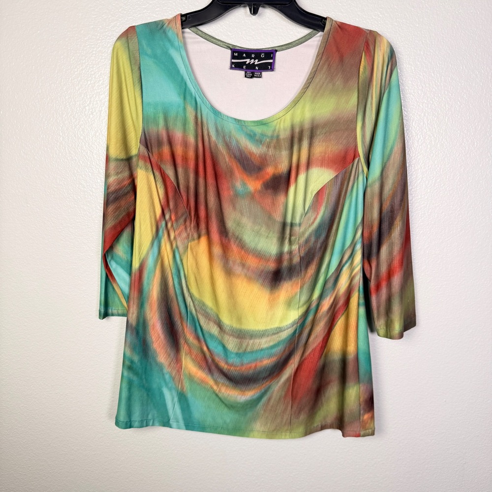 Vintage Margi Kent Abstract Print Blouse Top 3/4 Sleeve Made USA Women M